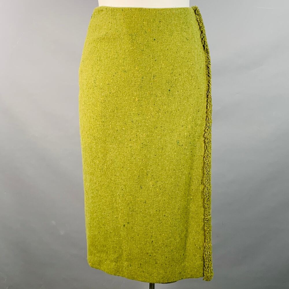 CHRIS BENZ Size 10 Green Wool Tweed Fringe Pencil Skirt